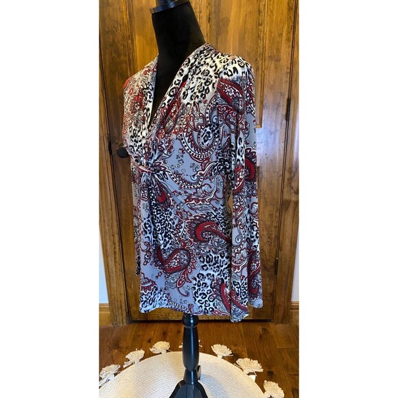 Bisou Bisou Womens Large Paisley Stretchy Black Red Bell Sleeve Boho Blouse Top - Picture 5 of 10